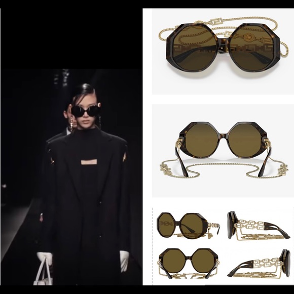 VERSACE RUNWAY HAVANA FRAMES WITH GOLD- TONE DETACHABLE CHAIN SUNGLASSES - Picture 9 of 16